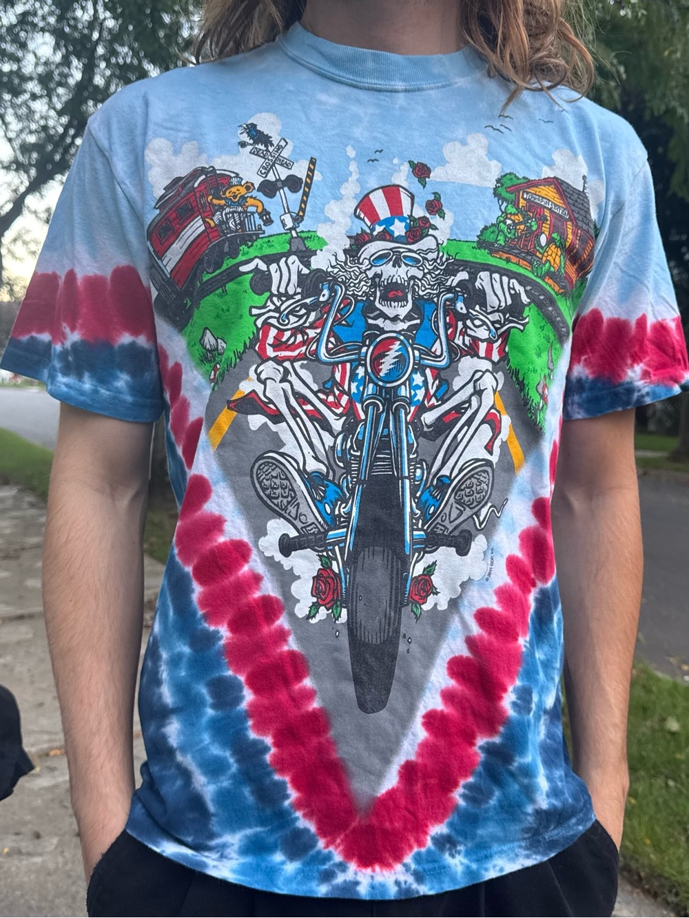 Lands' End Red, Blue and White Tie-Dye Skull Motorcycle Tee